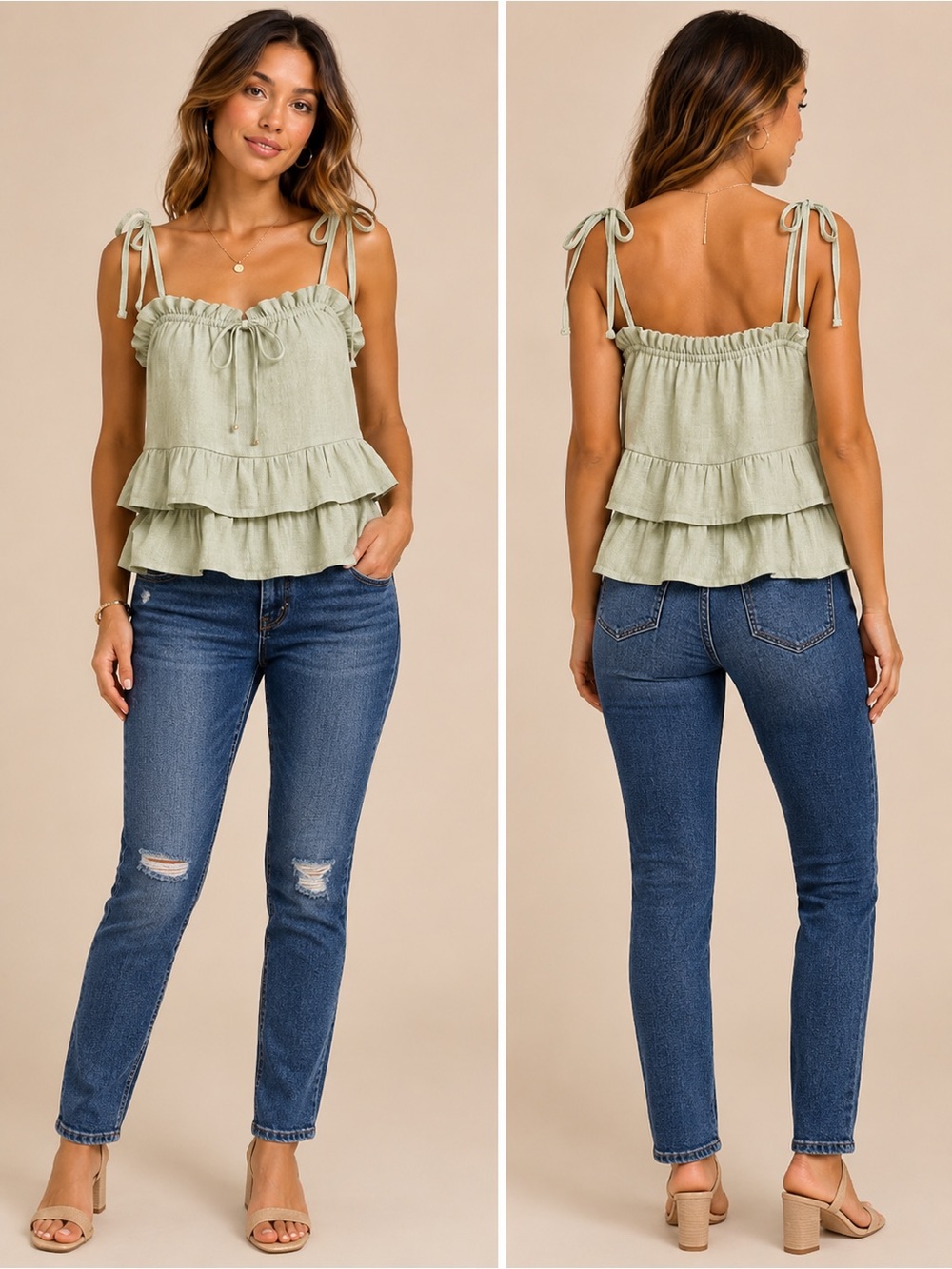 Blu Pepper Sage Green Ruffle Tie Strap Top Size Medium NWT